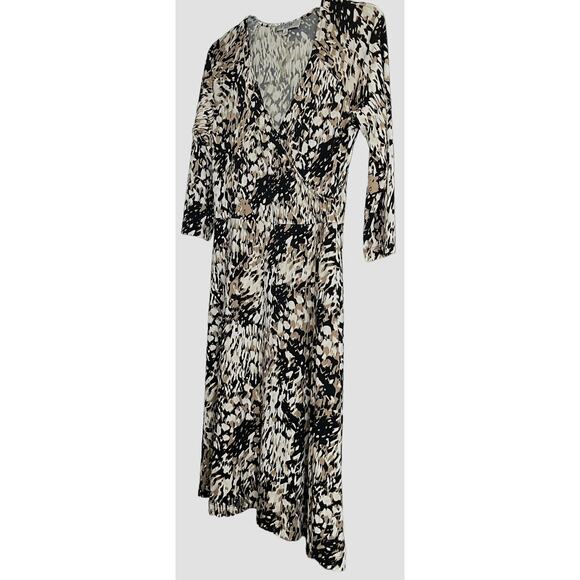 KASPER LONG SLEEVE V-NECK MAXI WAIST DRESS, WOMANS, M, BROWN TAN WHITE, ANIMAL - Picture 2 of 9